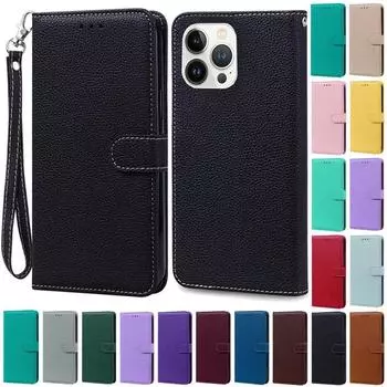 Классический однотонный кожаный чехол-раскладушка для телефона 15 14 13 12 11 Pro Max X XR XS Max 7 8 15 Plus противоударный чехол-держатель-кошелек For iPhone 8 Plus чёрный