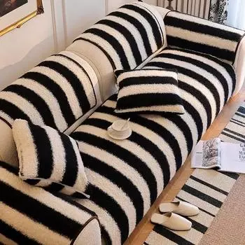 Классический однотонный зимний диван из овечьей шерсти, полотенце, утолщенный полосатый плюш, мягкие чехлы для дивана для гостиной, нескользящий чехол для дивана, декор A 70x70
