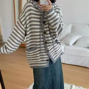 Классический полосатый вязаный кардиган с капюшоном Salt для женщин на начало осени, новый свободный и простой свитер контрастного цвета для женщин, модный One size