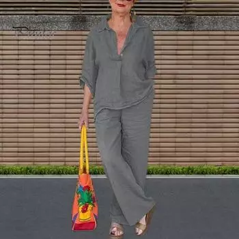 Классический повседневный наряд с рукавами 3/4 и защитой от катышков, женская рубашка, топ, свободные длинные брюки, комплект повседневной одежды 2XL темно-синий