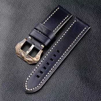 Классический ремешок для часов из натуральной кожи ручной работы, темно-синий, адаптированный бронзовый браслет 20 22 24 26 мм, мужской утолщенный браслет без сэндвича 22mm