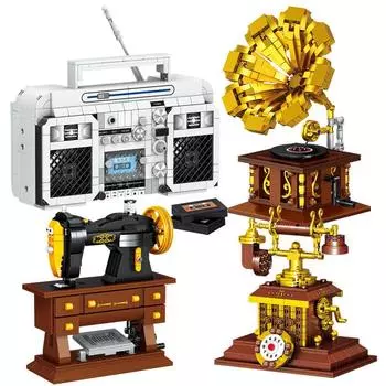 Классический ретро мини-телефон-фонограф, строительные блоки, радио, швейная машина, модель сборки, кирпичные игрушки для рождественского подарка