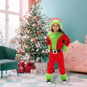 Классический рождественский костюм для косплея, нарядные брюки, детская одежда, комбинезон Санта-Клауса, шапка и пояс, комплект из 3 предметов L зелёный