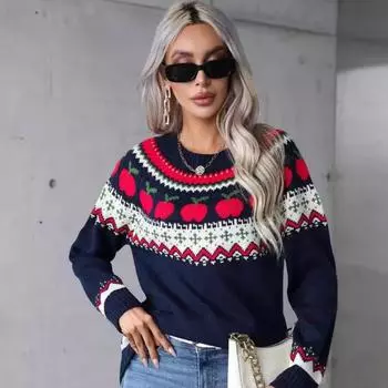 Классический рождественский женский свитер Пуловер с принтом рождественской елки Модный свитер S темно-синий