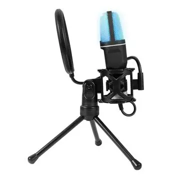 Классический сетчатый красный конденсаторный микрофон с семицветной подсветкой RGB и противоударным USB-компьютером. чёрный