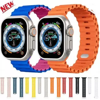 Классический силиконовый ремешок Ocean для Apple Watch Band Ultra 2 49 мм 45 мм 41 мм 44 мм 40 мм 42 мм 38 мм браслет iWatch Series 9 8 7 SE 3 4 5 6 For 38mm 40mm 41mm светло-синий