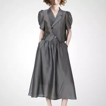 Классический стиль лацкан костюм тенсель деловой комплект-двойка юбка Gray- XL