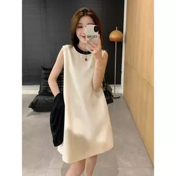 Классический стиль Летнее Элегантное Приталенное Платье без рукавов Beige White L