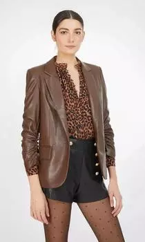 Классический стильный женский блейзер на пуговицах из натуральной овчины коричневого цвета S коричневый