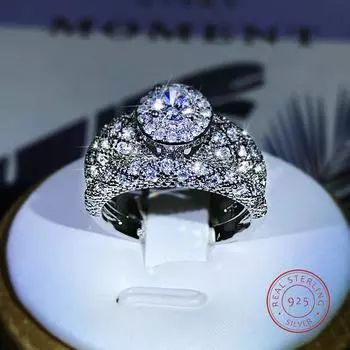 Классический стиль полный цирконий Роскошное женское двойное кольцо из серебра 925 пробы для вечеринки, свадьбы, дня рождения, ювелирное изделие, подарок для пары 10 белый