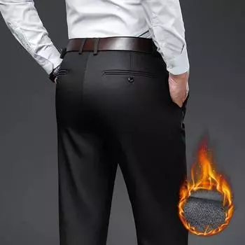 Классический стиль зимние теплые мужские деловые прямые повседневные брюки из эластичной ткани офисные брюки флисовые утепленные брюки 38