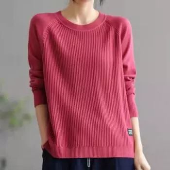 Классический свитер ранней весны, женский пуловер с длинными рукавами и круглым вырезом, утягивающий край, разрез, вязаный свитер, женский внутренний наряд One Size абрикосовый