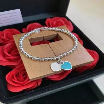 Классический T Синий Двойной Браслет Сердце Дизайнер S925 Серебряный Браслет Из Бисера Модный Стиль Браслет-Подвеска Женские Ювелирные Изделия 16cm синий