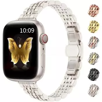 Классический тонкий ремешок из нержавеющей стали для Apple Watch Strap Ultra 49 мм 45 мм 44 мм 42 мм 41 мм 40 мм 38 мм для iwatch Series 9/8/7/6/5/4/3/2/1/SE 38mm 40mm 41mm золотой