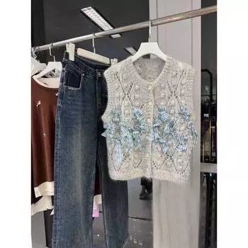 Классический вязаный кардиган-жилет с плетеными бантами Grey S