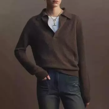 Классический вязаный свитер-поло в литературном стиле с воротником-ножницами - Осенняя коллекция One Size серый