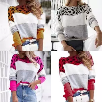 Классический вязаный свитер с круглым вырезом свободного кроя с леопардовым принтом для офисного пуловера M серый