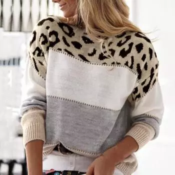 Классический вязаный свитер свободного кроя с леопардовым принтом и круглым вырезом Ventage, пуловер L розовый