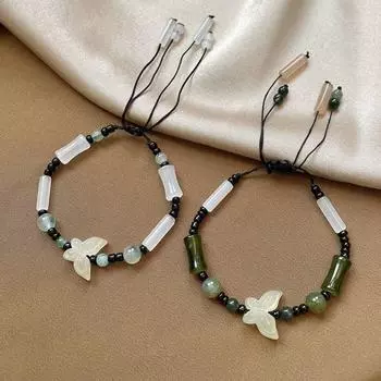 Классический зеленый бамбуковый браслет, зеленый браслет с подвеской в виде бабочки, элегантный браслет из бусин, повседневная одежда белый