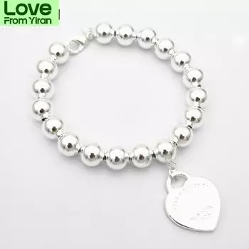 Классический женский браслет из бисера S925 стерлингового серебра в форме сердца диаметром 8 мм, бисерные украшения, подарок на праздник для пары 22cm серебряный