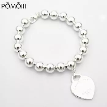 Классический женский браслет из бисера S925 стерлингового серебра в форме сердца диаметром 8 мм, бисерные украшения, подарок на праздник для пары 22cm серебряный