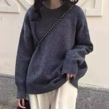 Классический женский свитер с круглым вырезом, свободный повседневный свитер с длинными рукавами, однотонный, простой трикотажный свитер для женщин, подходящий как для ношения внутри помещения, так и для ношения на открытом воздухе One Size белый