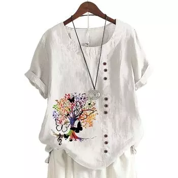 Классический женский топ с круглым вырезом, 11 яркими принтами и пуговицами S озеро синий