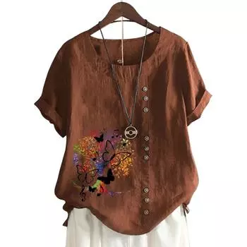 Классический женский топ с круглым вырезом, 11 яркими принтами и пуговицами S озеро синий