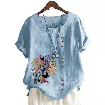 Классический женский топ с круглым вырезом, 11 яркими принтами и пуговицами S озеро синий