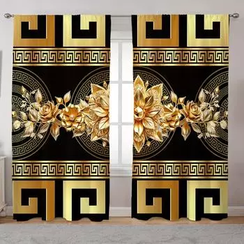 Классический золотой цветочный принт карнизные шторы панели 2 шт комплект полупрозрачное плетение для гостиной спальни различных комнат окна 100W130H(CM)40x51in&rod pocket