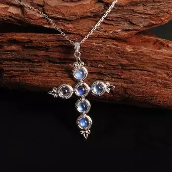 Классическое элегантное ожерелье с подвеской-крестом из натурального синего лунного камня, серебро 925 пробы, ювелирные изделия, женская повседневная одежда, подарок 45cm синий