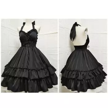 Классическое элегантное платье на подтяжках Lolita Solid Kawaii Lolita Retro Soft Girl Tea Party JSK Suspender Dress One size чёрный