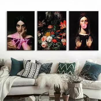 Классическое искусство в стиле барокко с цветочными принтами, забавная жевательная резинка, альтер-арт, портретный постер, Moody, Ренессанс, холст, картина, галерея, декор для стен 21cm30cm NoFrame