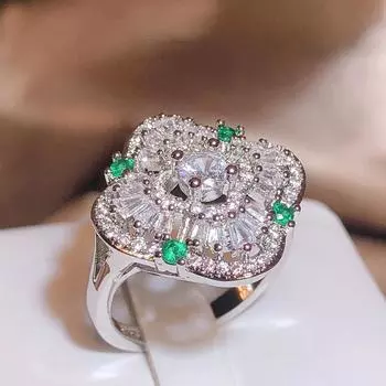Классическое кольцо для женщин, модное четырехлистное клеверное кольцо с цирконом AAAA, креативное кольцо с инкрустацией из зеленого циркона, регулируемое кольцо, свадебное кольцо, ювелирные изделия Resizable белый