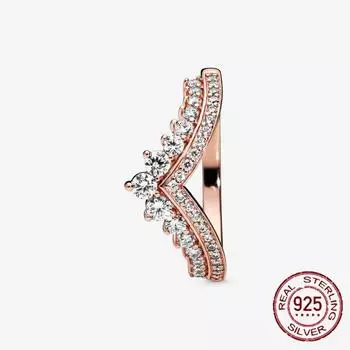 Классическое кольцо из 100% стерлингового серебра 925 пробы с изображением коронованной принцессы, косточки желаний, сверкающие кольца из фианита для женщин, помолвочные украшения на годовщину свадьбы 9 розового золота