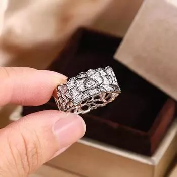 Классическое кольцо с цветочным вырезом для женщин, модные ювелирные изделия, уникальный дизайн, женское кольцо с полым кружевным узором, винтажное кольцо в стиле Royal Court, обручальное кольцо 6 белый
