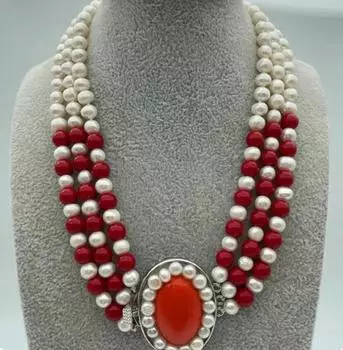 Классическое колье из 3 рядов 7-8 мм с круглым белым пресноводным жемчугом и красными бусинами