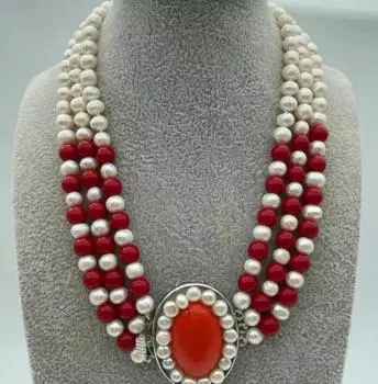 Классическое колье из 3 рядов 7-8 мм с круглым белым пресноводным жемчугом и красными бусинами