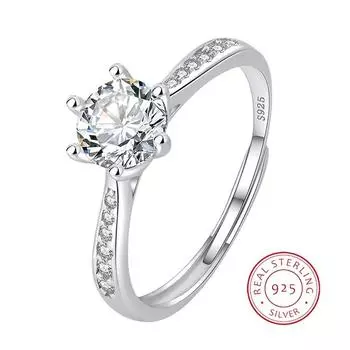 Классическое круглое геометрическое кольцо для пары с шестью когтями для женщин, стерлинговое серебро S925, обручальное свадебное украшение, ювелирные изделия, обручальные кольца, простое кольцо Resizable белый