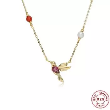 Классическое новое персонализированное ретро ожерелье с простым гранатом, халцедоном и жемчугом в виде колибри, цепочка на ключицу из стерлингового серебра 925 пробы 925 silver золотой