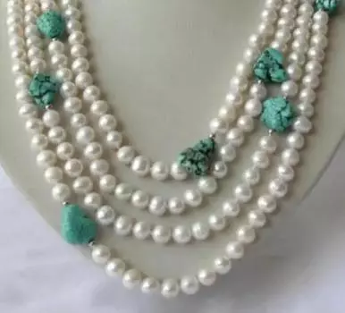 Классическое ожерелье из 4 рядов 7 мм круглых белых пресноводных жемчужин бирюзового цвета