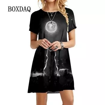 Классическое платье с 3D-кошкой для женщин, свободное мини-платье с коротким рукавом, повседневные большие платья для женщин, модная одежда на лето S