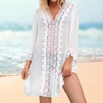 Классическое пляжное платье с защитой от солнца, свободная пляжная одежда, кружевное платье с вышивкой и цветочным принтом, солнцезащитное платье для отпуска белый