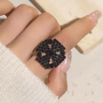 Классическое ретро черное кольцо со стразами для женщин, темпераментное блестящее полностью бриллиантовое открытое регулируемое кольцо Opening adjustable