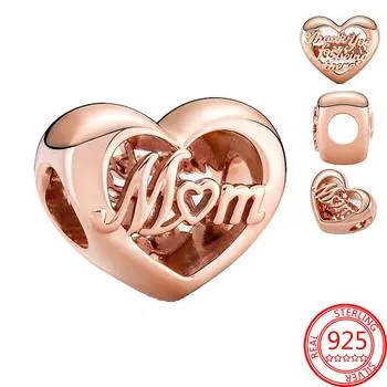 Классическое серебро 925 пробы, розовое золото, сердце, спасибо, мама, сердце, подвеска, подходит для модного браслета, ювелирные изделия для мамы, подарок на день рождения