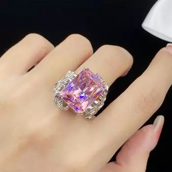 Классическое серебряное инкрустированное цирконом обручальное кольцо с розовым кристаллом, женское блестящее ювелирное изделие из циркона, розовое женское кольцо в форме сердца Adjustable