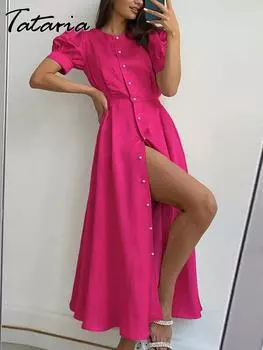 Классическое женское летнее платье с разрезом 2023 Оранжевое элегантное платье макси с круглым вырезом Офисное женское праздничное платье на пуговицах для женщин L розы красного