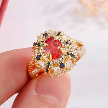 Классическое золотое женское кольцо Роскошные красные блестящие циркониевые ювелирные изделия Подарок на годовщину Украшения для вечеринки Обручальные кольца для женщин resizable золотой