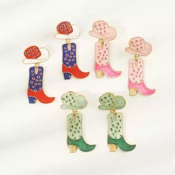 Классные серьги из сплава в стиле вестерн с ковбойскими сапогами и подвеской в виде шляпы розовый