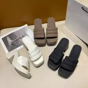 Классные тапочки на водонепроницаемой платформе и толстой подошве для женщин в Instagram, в тапочках прямой линии, на толстом каблуке, на высоких каблуках для женской обуви 35 чёрный